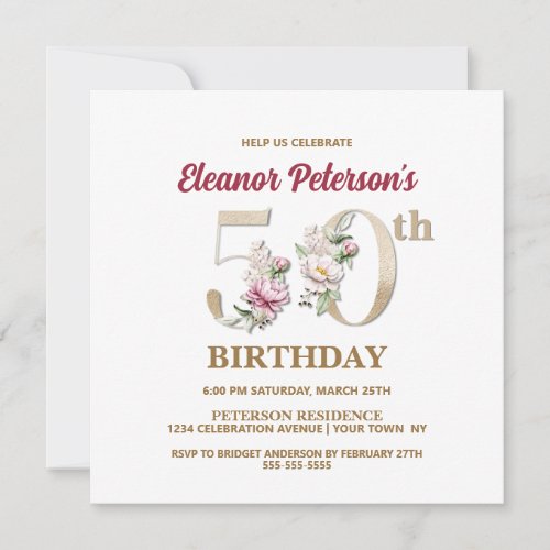 Rose Floral E 50th Birthday Party Invitation