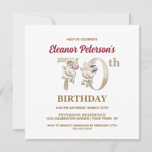 Rose Floral E 70th Birthday Party Invitation (Front)