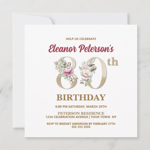 Rose Floral E 80th Birthday Party Invitation
