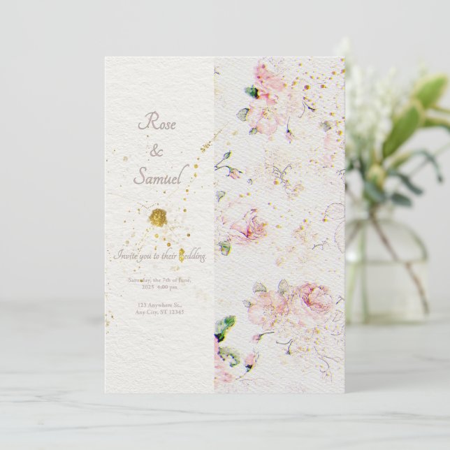 Rose Floral Elegant Paper Textured Wedding  Invitation (Standing Front)