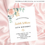 Rose floral eucalyptus budget birthday invitation<br><div class="desc">An elegant invitation for a 50th (or any age) birthday party. A chic white background. Decorated with a rose gold and blush pink watercolored rose flower, floral, green eucalyptus leaves, sprigs, greenery and a faux gold sprig. Personalize and the name and party details. Black and golden letters. The name is...</div>