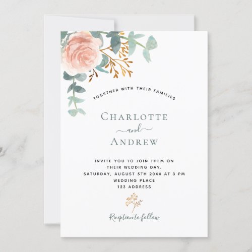 Rose floral eucalyptus greenery pink wedding invitation
