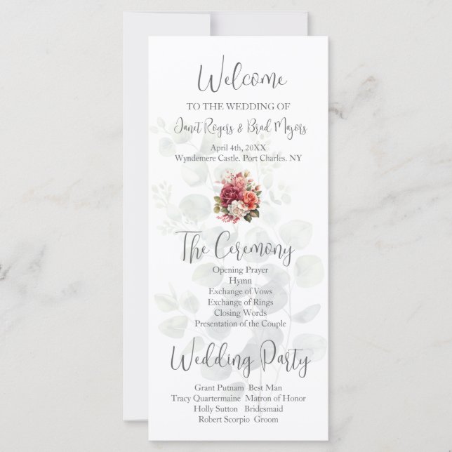 Rose Floral Eucalyptus Wedding Program (Front)