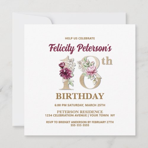 Rose Floral F 18th Birthday Party Invitation