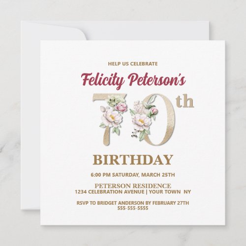 Rose Floral F 70th Birthday Party Invitation