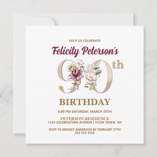 Rose Floral F 90th Birthday Party Invitation