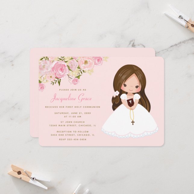 Rose Floral First Communion Invitation (Front/Back In Situ)