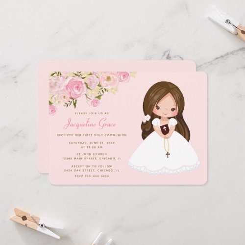 Rose Floral First Communion Invitation