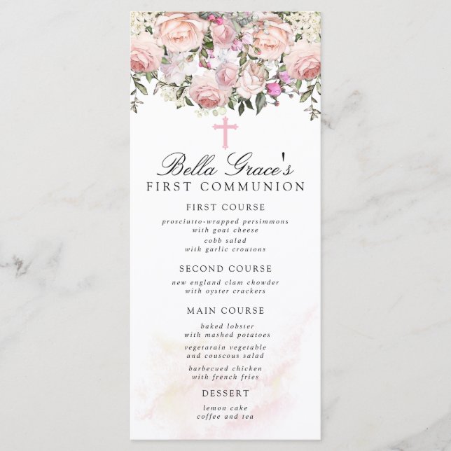 Rose Floral First Communion  Menu (Front)