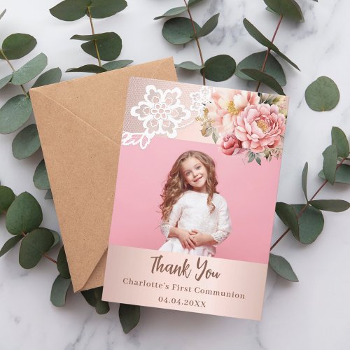 Rose floral First Communion photo thank you card