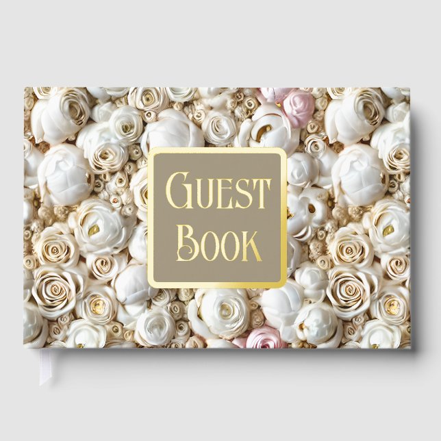 Rose floral flower pattern gold pink foil foil guest book  (Front)