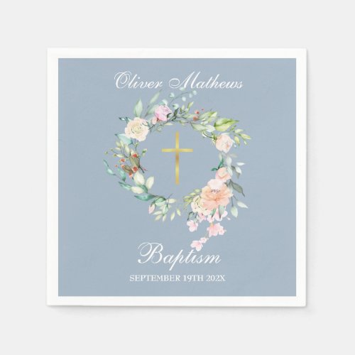 Rose Floral Garland Baptism Christening Dusty Blue Napkins