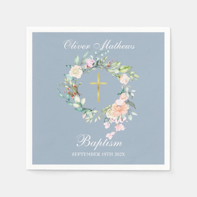 Rose Floral Garland Baptism Christening Dusty Blue Napkins (Front)