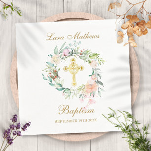 Rose Floral Garland Gold Cross Baptism Christening Napkins