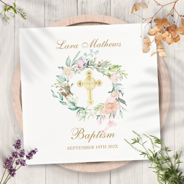 Rose Floral Garland Gold Cross Baptism Christening Napkins (Creator Uploaded)