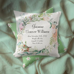 Rose Floral Garland Personalized Baby Birth Stats  Throw Pillow<br><div class="desc">This floral personalized birth stats keepsake throw pillow features a delicate watercolor garland of summer roses surrounding the baby's name and birth stats. The reverse has a cute daisy pattern on an emerald green background. Designed by Thisisnotme©</div>