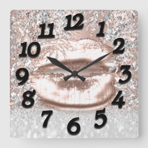 Rose Floral Glitter Kiss Lips Numbers Beauty Gray Square Wall Clock