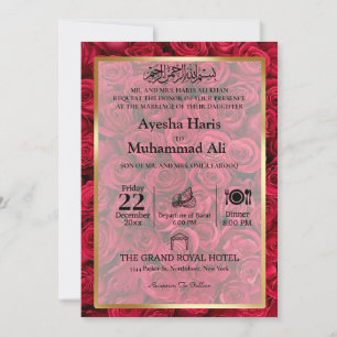Rose Floral Gold Frame Islamic Muslim Wedding Invitation