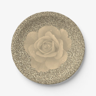 Rose Floral Gold Glitter Bridal Shower Wedding Paper Plates
