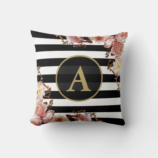 Rose Floral Gold Monogram Black White Stripe Throw Pillow (Front)