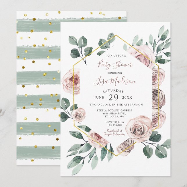 Rose Floral Greenery Baby Shower Invitation (Front/Back)