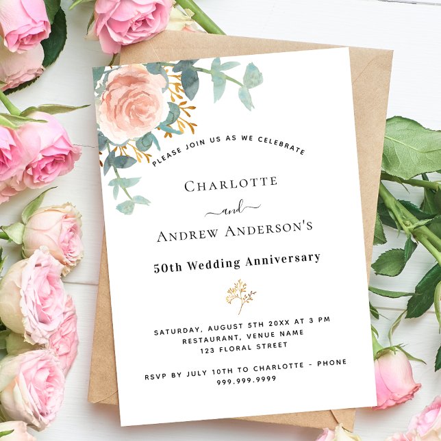 Rose floral greenery pink 50th wedding anniversary invitation (Creator Uploaded)