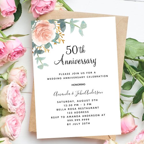 Rose floral greenery pink 50th wedding anniversary invitation