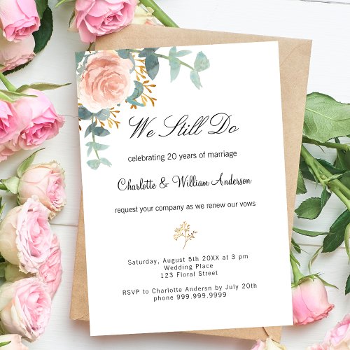 Rose floral greenery pink vow renewal wedding invitation