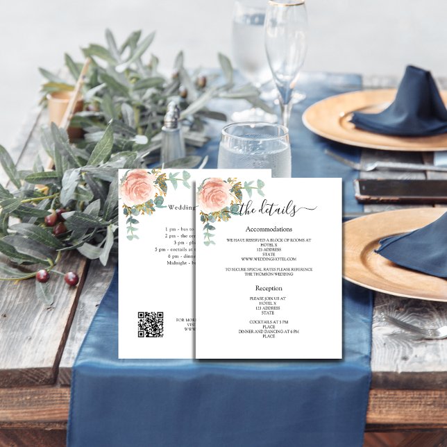 Rose floral greenery wedding program details QR (Creator Uploaded)