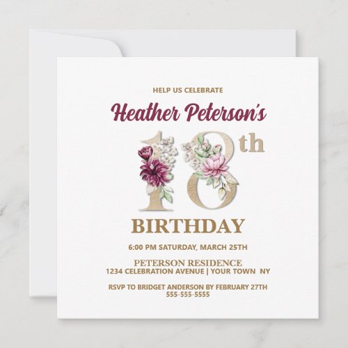 Rose Floral H 18th Birthday Party Invitation