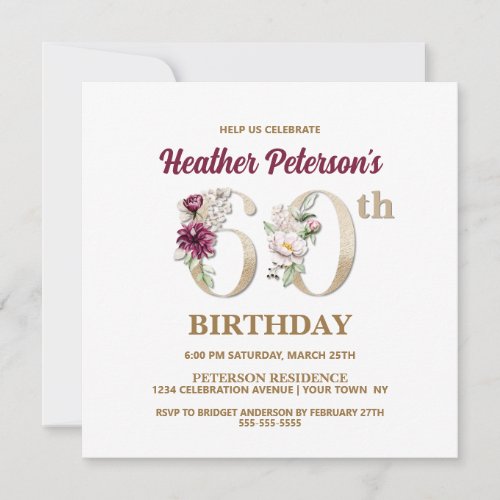 Rose Floral H 60th Birthday Party Invitation