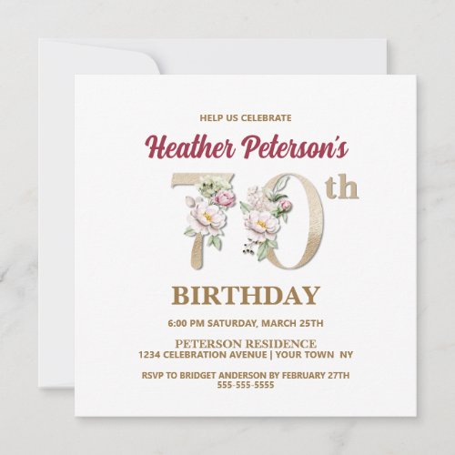 Rose Floral H 70th Birthday Party Invitation