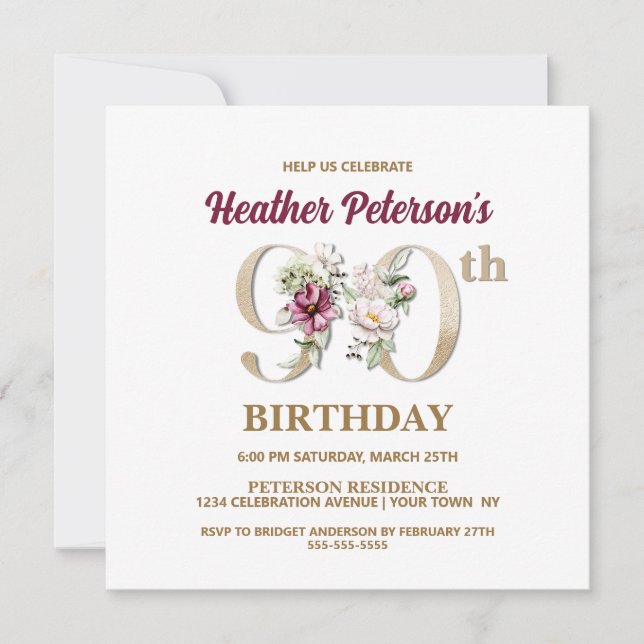 Rose Floral H 90th Birthday Party Invitation (Front)