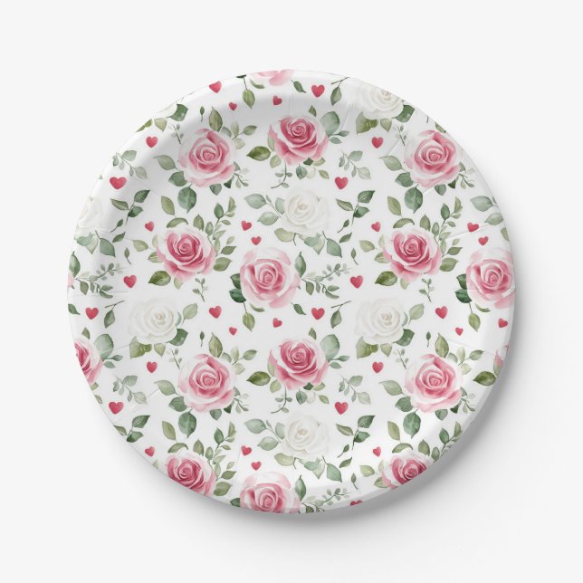 Rose Floral Hearts Bridal Shower Paper Plates (Front)