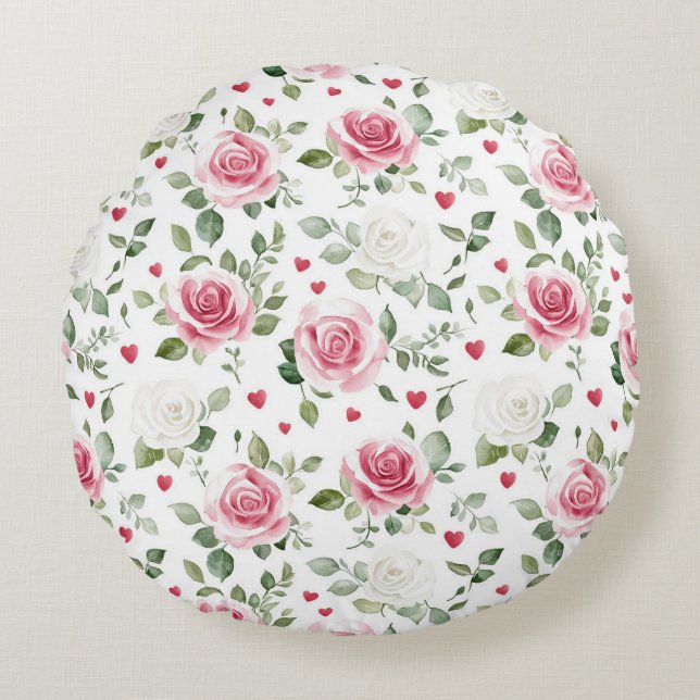 Rose Floral Hearts   Round Pillow (Front)