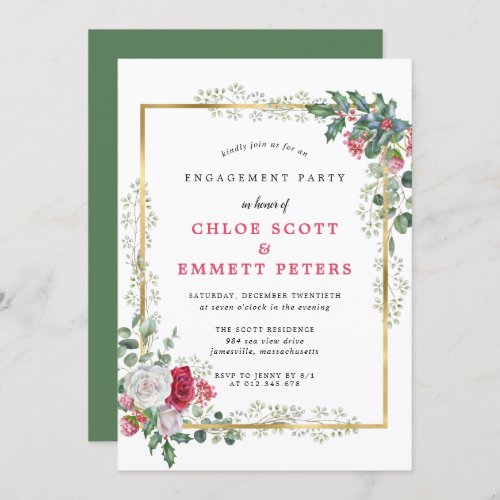 Rose Floral Holly Berries Engagement Party Invitation