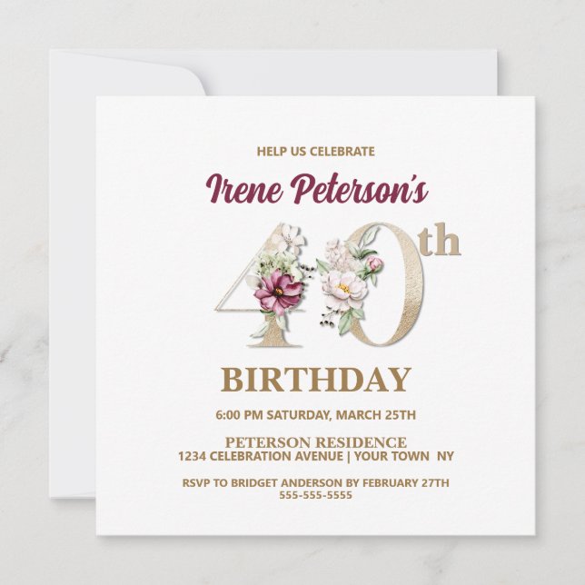 Rose Floral I 40th Birthday Party Invitation (Front)