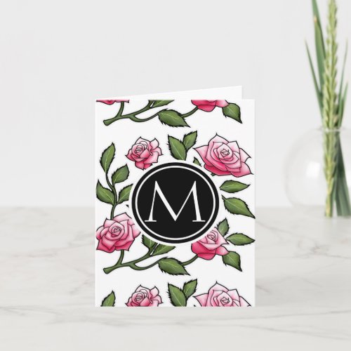 Rose Floral Illustration and Monogram Note Card