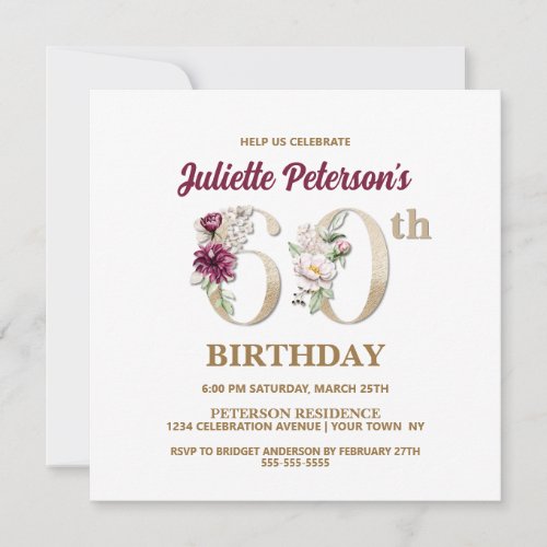 Rose Floral J 60th Birthday Party Invitation