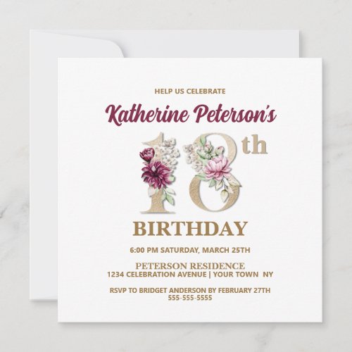 Rose Floral K 18th Birthday Party Invitation