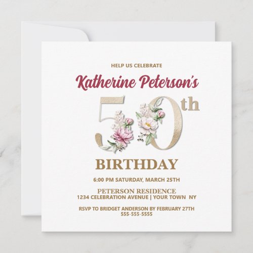 Rose Floral K 50th Birthday Party Invitation