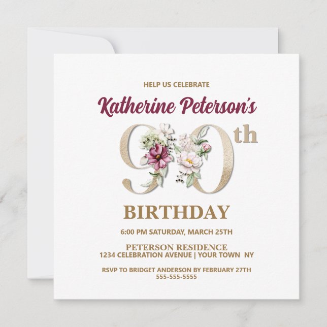 Rose Floral K 90th Birthday Party Invitation (Front)