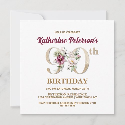 Rose Floral K 90th Birthday Party Invitation