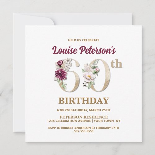 Rose Floral L 60th Birthday Party Invitation
