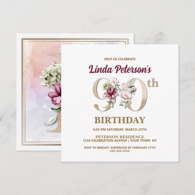 Rose Floral L 90th Birthday Party Invitation (Front/Back)