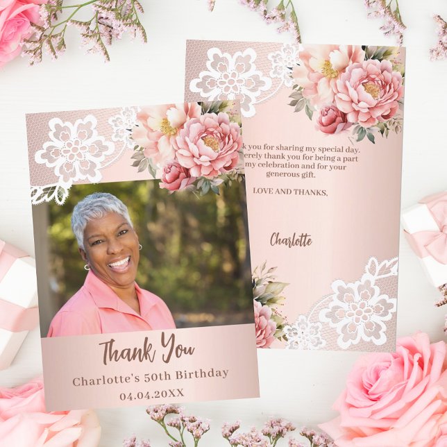 Rose floral lace birthday photo thank you card (Creator Uploaded)