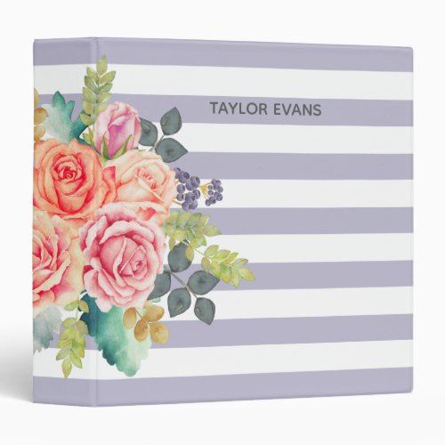 Rose Floral Lavender Purple Stripes Pattern 3 Ring Binder