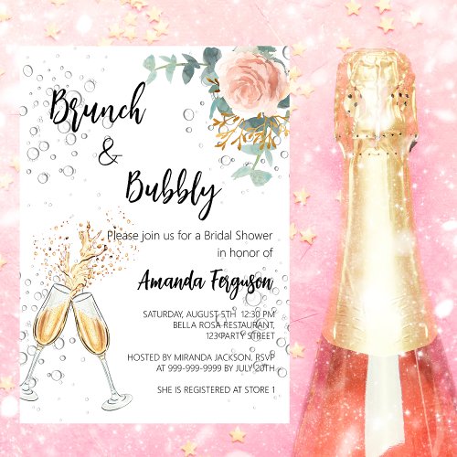 Rose Floral Luxury Brunch Bubbly Bridal Shower Invitation