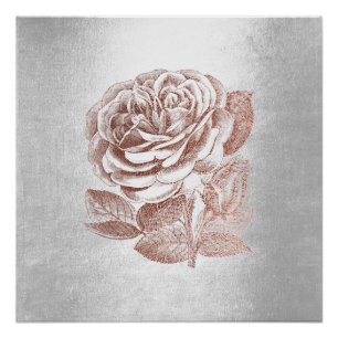 Rose Floral Metallic Pink Gold Silver Gray Minimal Poster