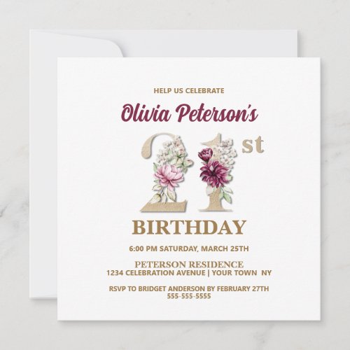 Rose Floral O 21st Birthday Party Invitation